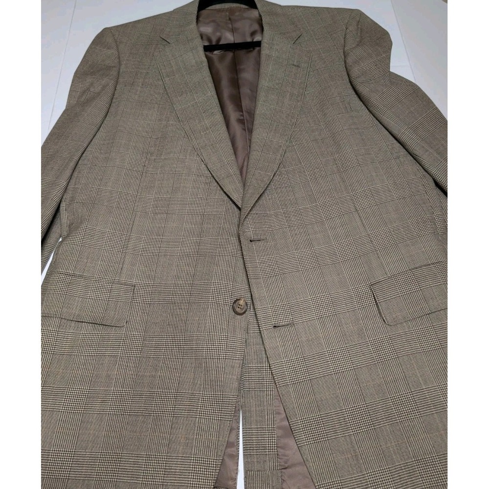 Dominic D Bruzzi Grodins Plaid Blazer Size 44L Brown Cream 100% Wool 2 Button